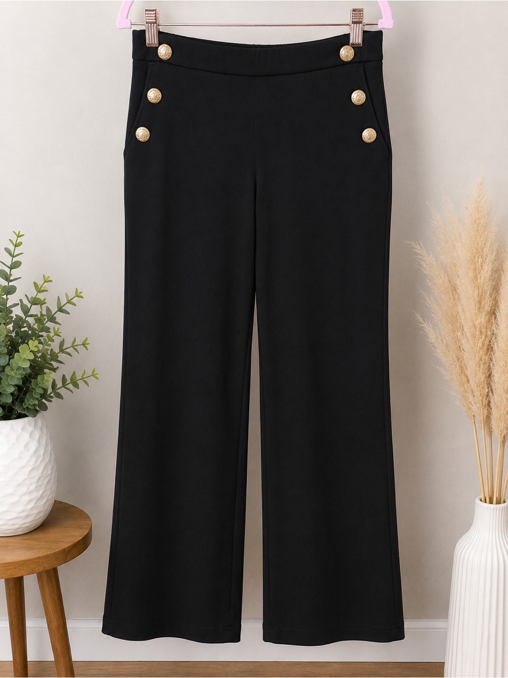 GLG Black Ankle Pants | Pull-On Stretch Knit | Gold Button Detail | Size‎ M